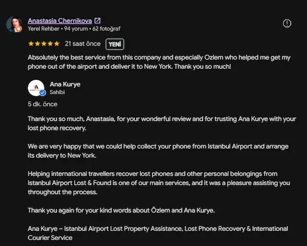 Anastasia Chernikova’s public Google review about her phone’s return to New York