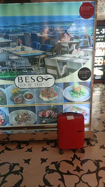 Recovered red suitcase beside a Beso Roof Top display in Istanbul