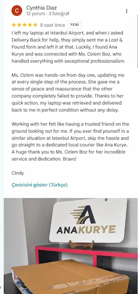 Cynthia Diaz Google review after Ana Kurye recovered and returned her lost laptop